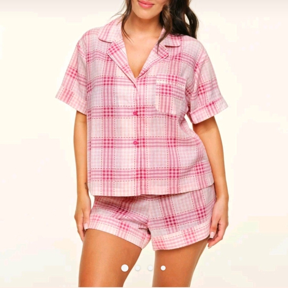 Adore Me 1X Pajama Sleep Ser Lucero Plus Pink Plaid Linen Blend